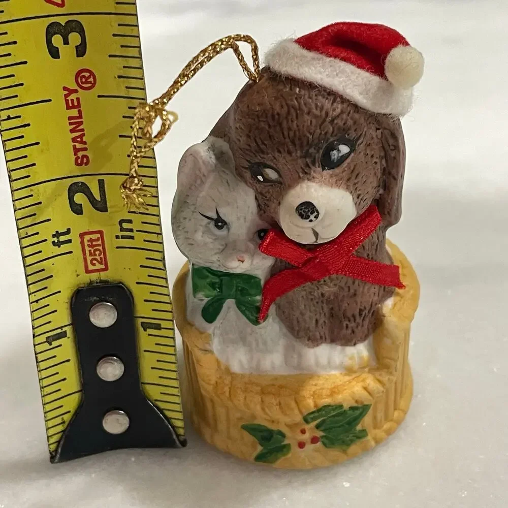 Vintage Porcelain Christmas Puppy Kitten Bell Ornament JSNY Santa Hat Dog Cat
